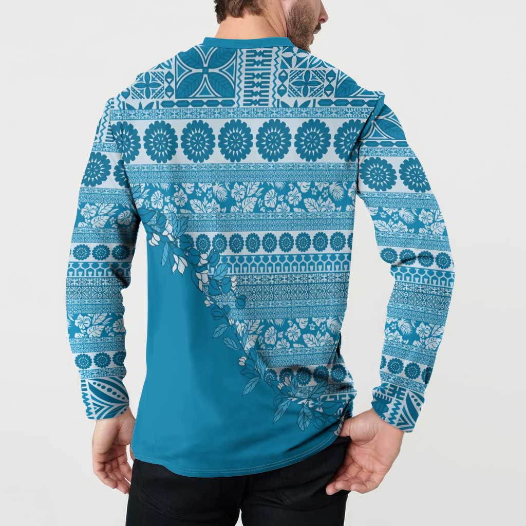 Fiji Marau na Kerisimasi Button Sweatshirt Aqua Tagimoucia Tapa Masi Tribal - Polynesian Pride