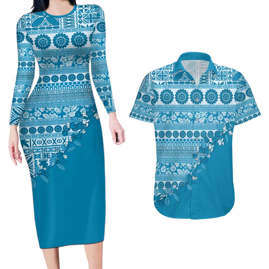 Fiji Marau na Kerisimasi Couples Matching Long Sleeve Bodycon Dress and Hawaiian Shirt Aqua Tagimoucia Tapa Masi Tribal - Polynesian Pride