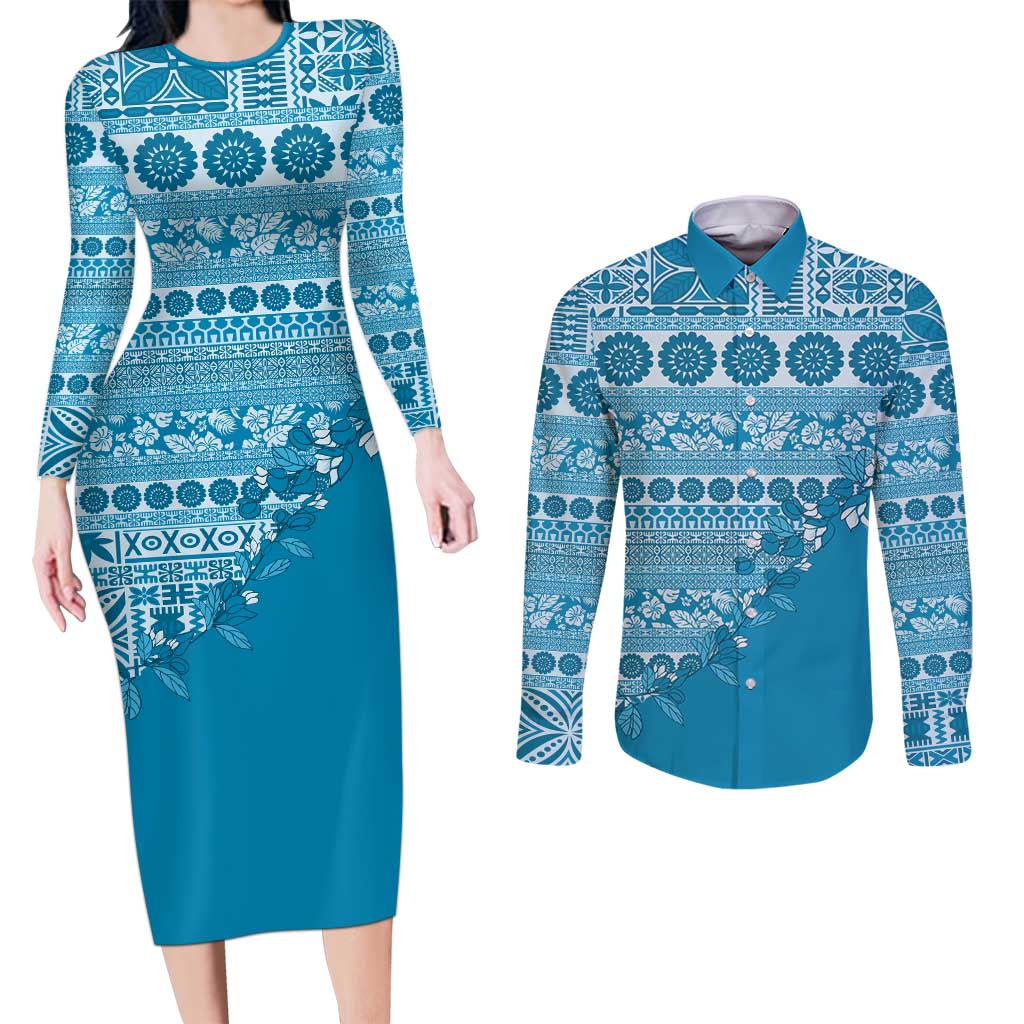 Fiji Marau na Kerisimasi Couples Matching Long Sleeve Bodycon Dress and Long Sleeve Button Shirt Aqua Tagimoucia Tapa Masi Tribal - Polynesian Pride