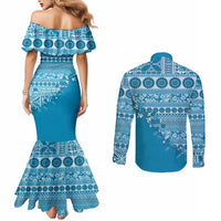 Fiji Marau na Kerisimasi Couples Matching Mermaid Dress and Long Sleeve Button Shirt Aqua Tagimoucia Tapa Masi Tribal - Polynesian Pride