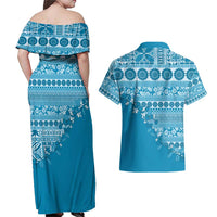 Fiji Marau na Kerisimasi Couples Matching Off Shoulder Maxi Dress and Hawaiian Shirt Aqua Tagimoucia Tapa Masi Tribal - Polynesian Pride