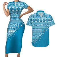 Fiji Marau na Kerisimasi Couples Matching Short Sleeve Bodycon Dress and Hawaiian Shirt Aqua Tagimoucia Tapa Masi Tribal - Polynesian Pride
