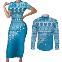 Fiji Marau na Kerisimasi Couples Matching Short Sleeve Bodycon Dress and Long Sleeve Button Shirt Aqua Tagimoucia Tapa Masi Tribal - Polynesian Pride