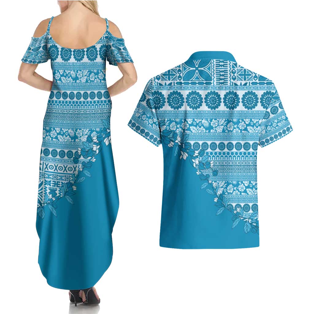 Fiji Marau na Kerisimasi Couples Matching Summer Maxi Dress and Hawaiian Shirt Aqua Tagimoucia Tapa Masi Tribal - Polynesian Pride