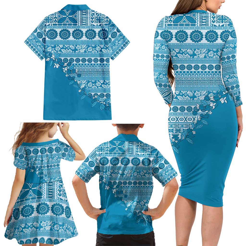 Fiji Marau na Kerisimasi Family Matching Long Sleeve Bodycon Dress and Hawaiian Shirt Aqua Tagimoucia Tapa Masi Tribal - Polynesian Pride