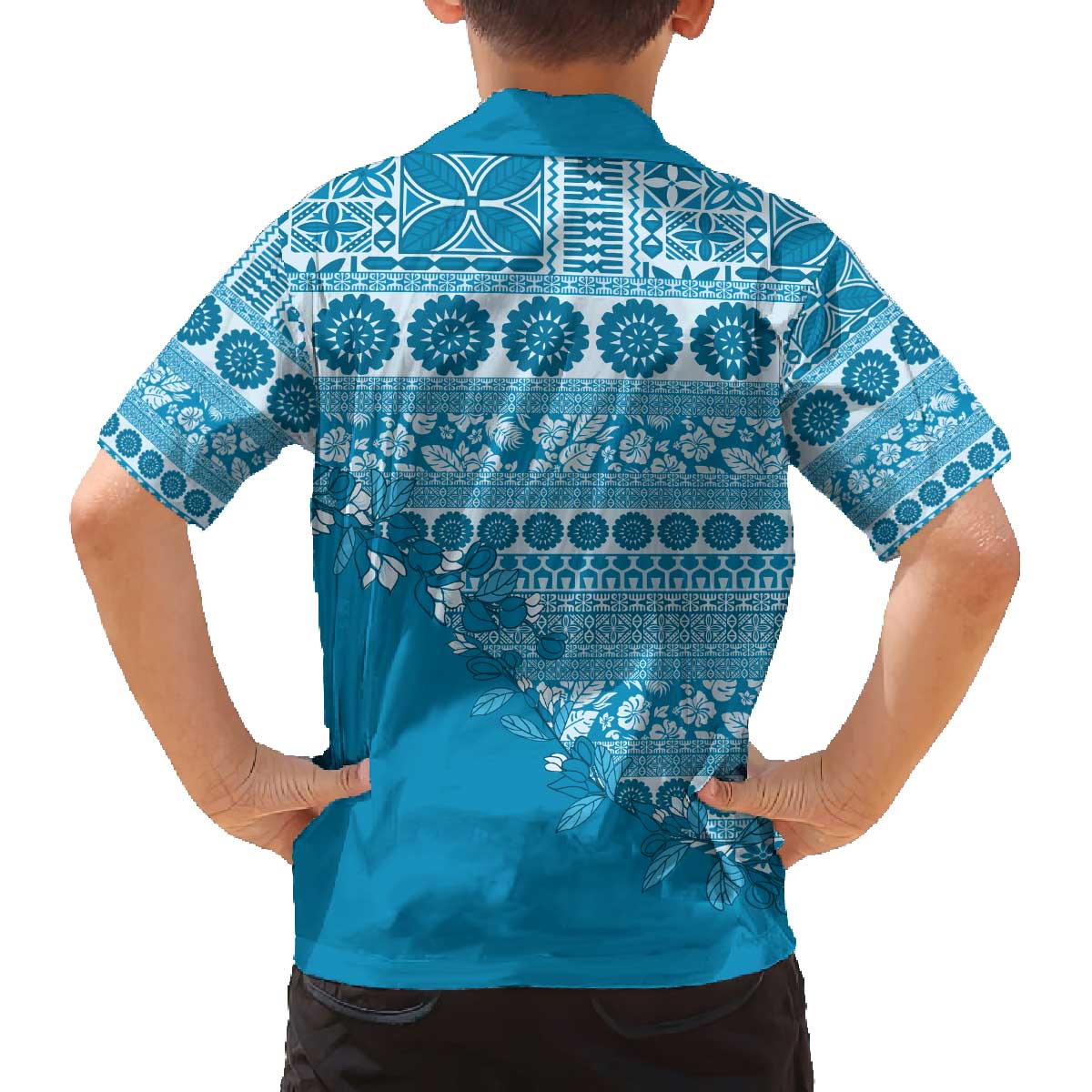 Fiji Marau na Kerisimasi Family Matching Off The Shoulder Long Sleeve Dress and Hawaiian Shirt Aqua Tagimoucia Tapa Masi Tribal - Polynesian Pride