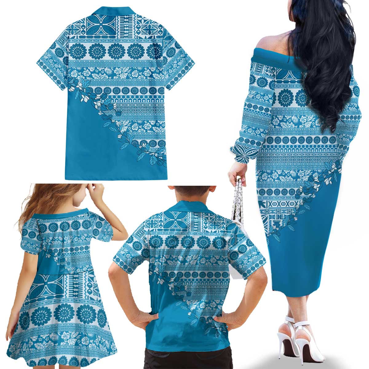 Fiji Marau na Kerisimasi Family Matching Off The Shoulder Long Sleeve Dress and Hawaiian Shirt Aqua Tagimoucia Tapa Masi Tribal - Polynesian Pride