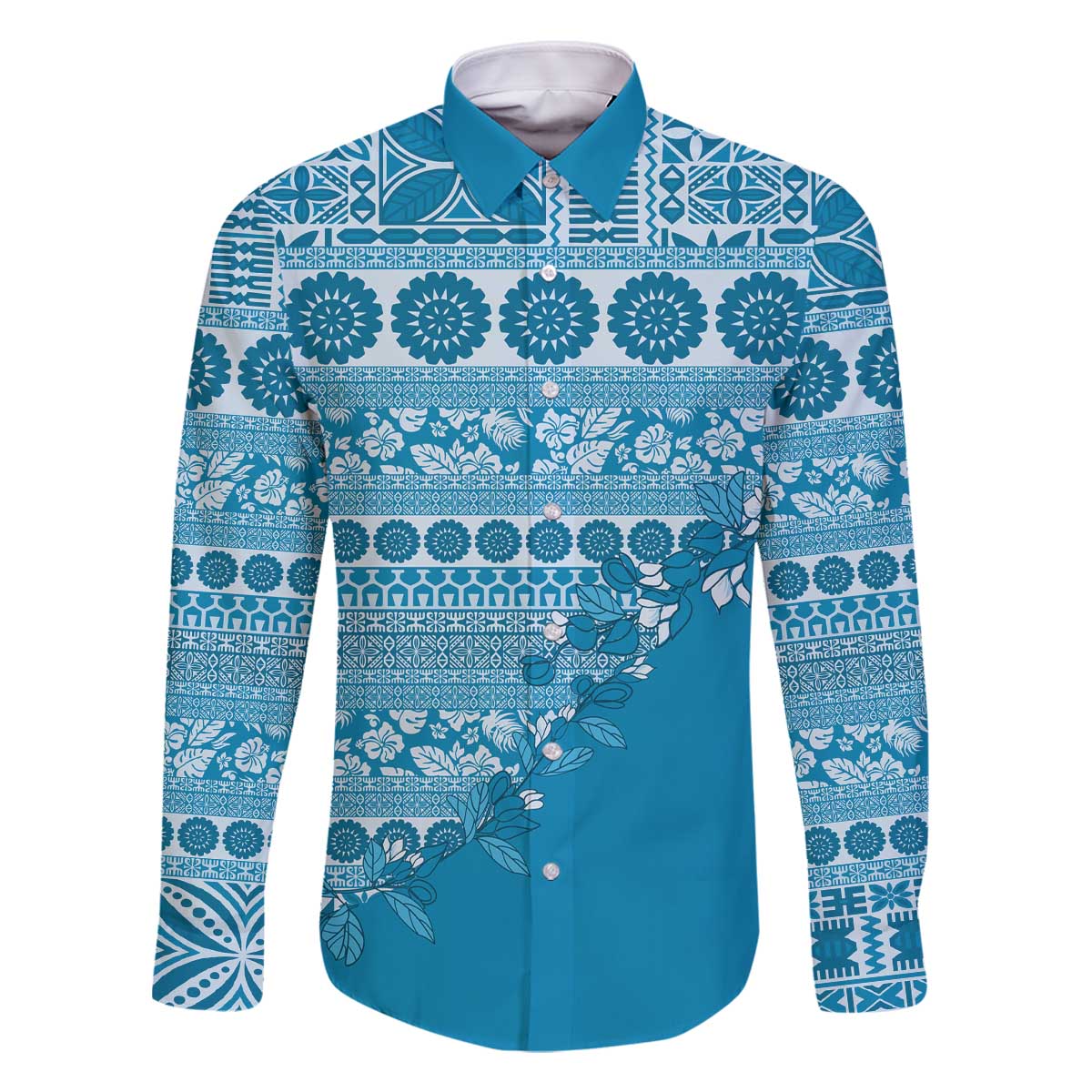 Fiji Marau na Kerisimasi Family Matching Off The Shoulder Long Sleeve Dress and Hawaiian Shirt Aqua Tagimoucia Tapa Masi Tribal - Polynesian Pride