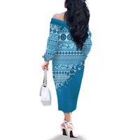 Fiji Marau na Kerisimasi Family Matching Off The Shoulder Long Sleeve Dress and Hawaiian Shirt Aqua Tagimoucia Tapa Masi Tribal - Polynesian Pride