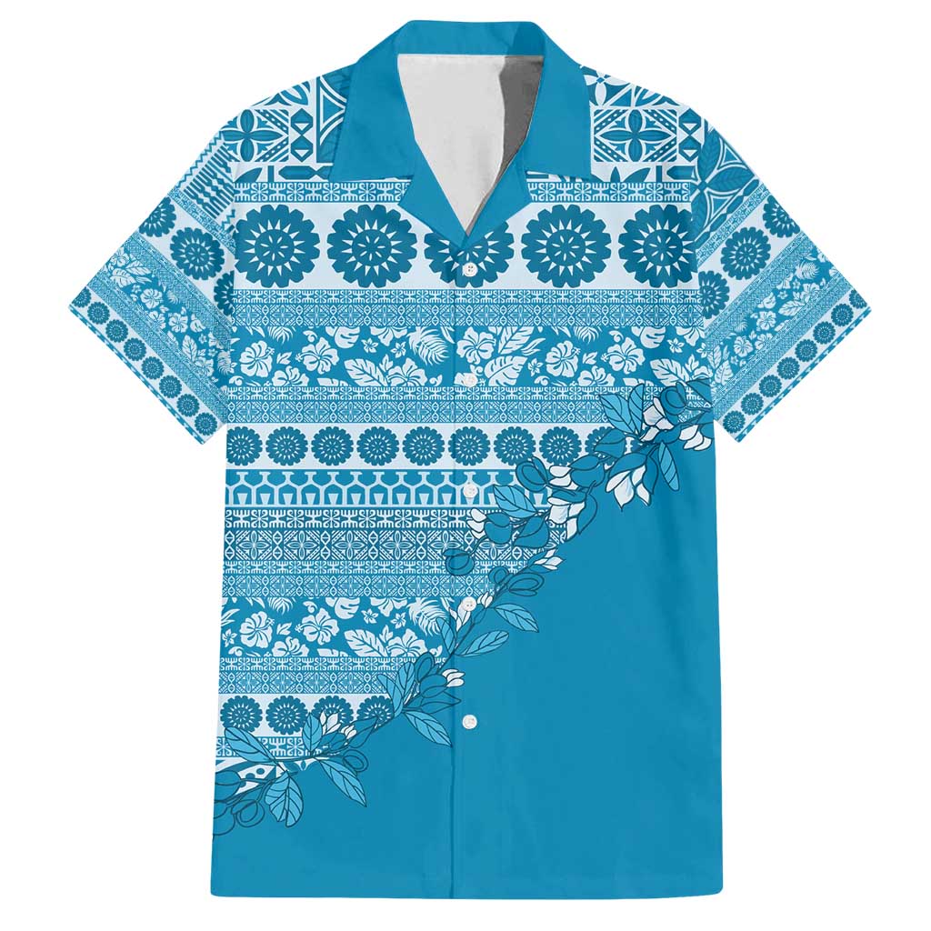 Fiji Marau na Kerisimasi Family Matching Off Shoulder Short Dress and Hawaiian Shirt Aqua Tagimoucia Tapa Masi Tribal - Polynesian Pride