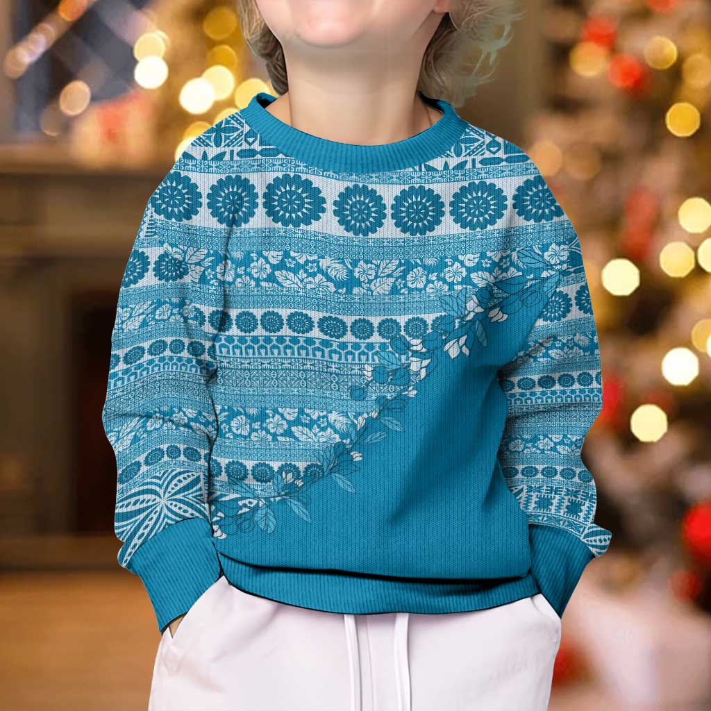 Fiji Marau na Kerisimasi Kid Ugly Christmas Sweater Aqua Tagimoucia Tapa Masi Tribal - Polynesian Pride