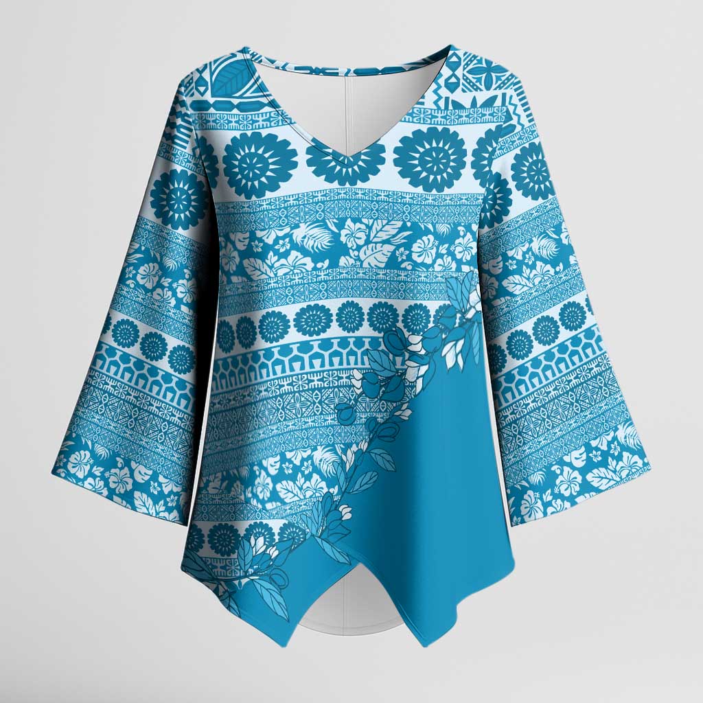 Fiji Marau na Kerisimasi Kimono Sleeve Blouse Aqua Tagimoucia Tapa Masi Tribal LT9 Female Aqua - Polynesian Pride