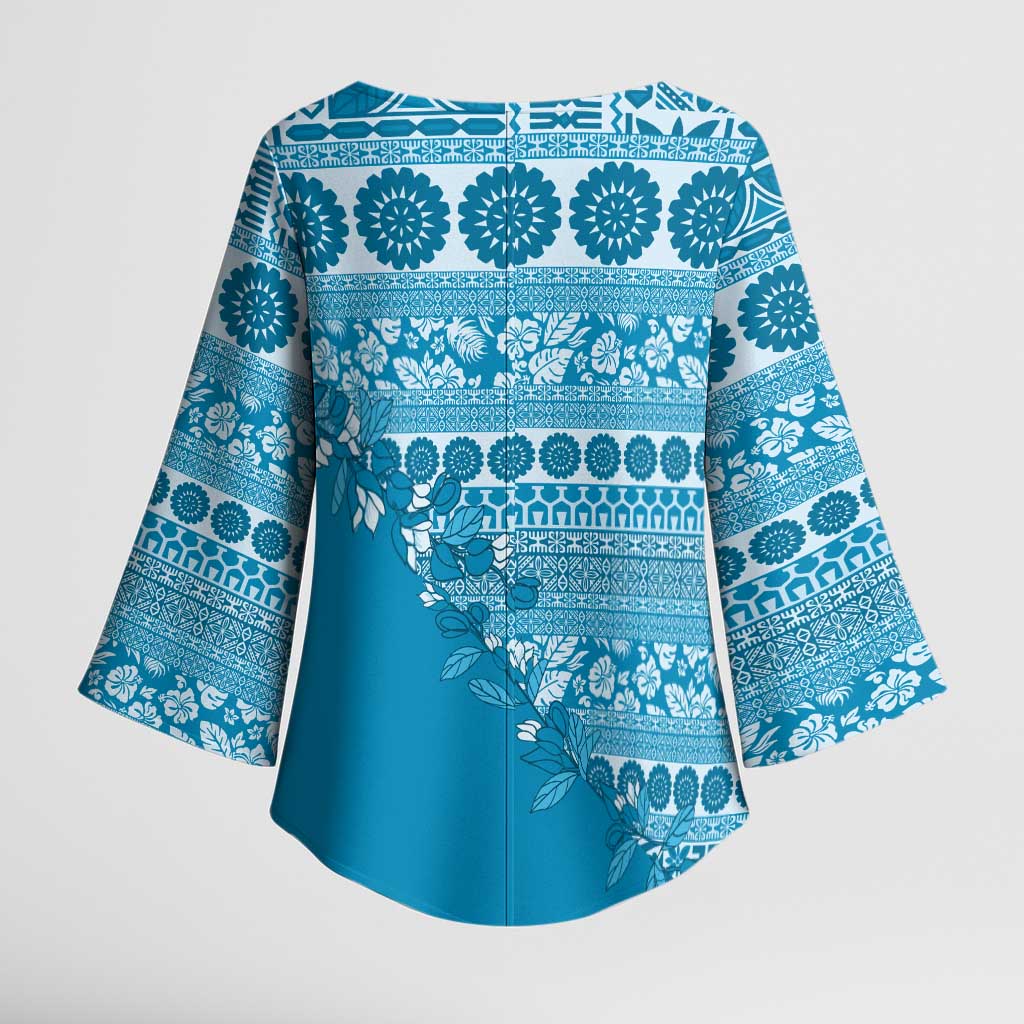 Fiji Marau na Kerisimasi Kimono Sleeve Blouse Aqua Tagimoucia Tapa Masi Tribal LT9 - Polynesian Pride
