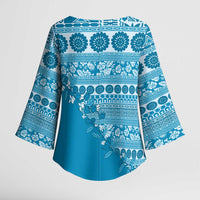 Fiji Marau na Kerisimasi Kimono Sleeve Blouse Aqua Tagimoucia Tapa Masi Tribal LT9 - Polynesian Pride