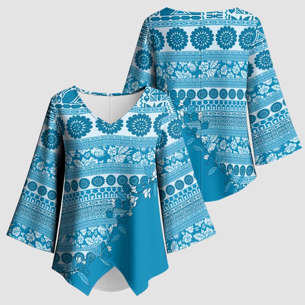 Fiji Marau na Kerisimasi Kimono Sleeve Blouse Aqua Tagimoucia Tapa Masi Tribal LT9 - Polynesian Pride