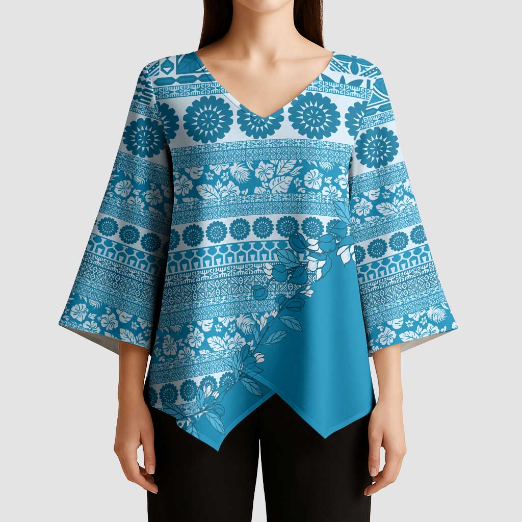 Fiji Marau na Kerisimasi Kimono Sleeve Blouse Aqua Tagimoucia Tapa Masi Tribal LT9 - Polynesian Pride