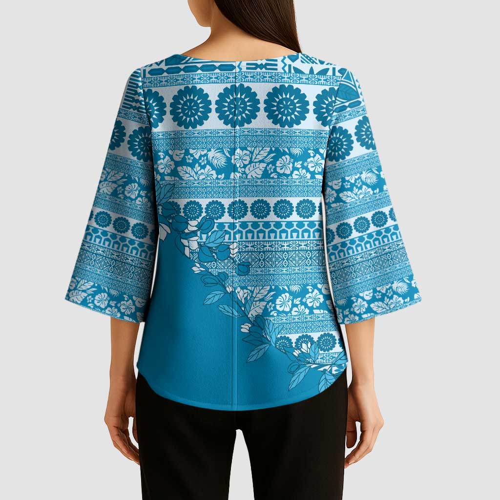 Fiji Marau na Kerisimasi Kimono Sleeve Blouse Aqua Tagimoucia Tapa Masi Tribal LT9 - Polynesian Pride