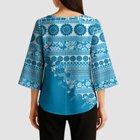 Fiji Marau na Kerisimasi Kimono Sleeve Blouse Aqua Tagimoucia Tapa Masi Tribal LT9 - Polynesian Pride