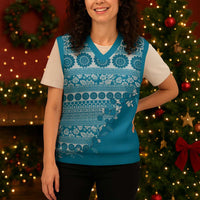 Fiji Marau na Kerisimasi Christmas Knitted V-Neck Vest Aqua Tagimoucia Tapa Masi Tribal - Polynesian Pride