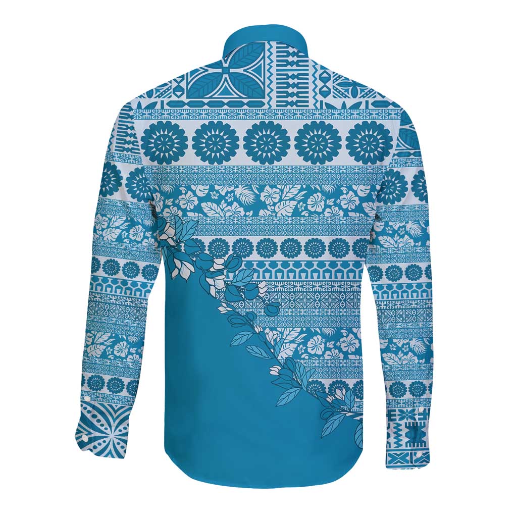 Fiji Marau na Kerisimasi Long Sleeve Button Shirt Aqua Tagimoucia Tapa Masi Tribal - Polynesian Pride