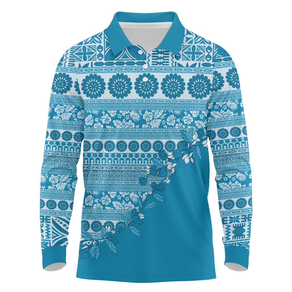 Fiji Marau na Kerisimasi Long Sleeve Polo Shirt Aqua Tagimoucia Tapa Masi Tribal - Polynesian Pride