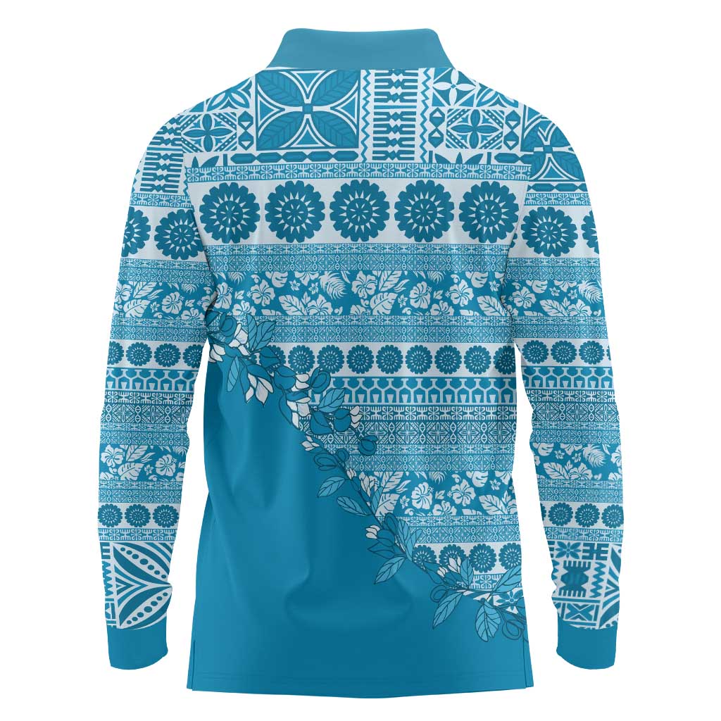 Fiji Marau na Kerisimasi Long Sleeve Polo Shirt Aqua Tagimoucia Tapa Masi Tribal - Polynesian Pride