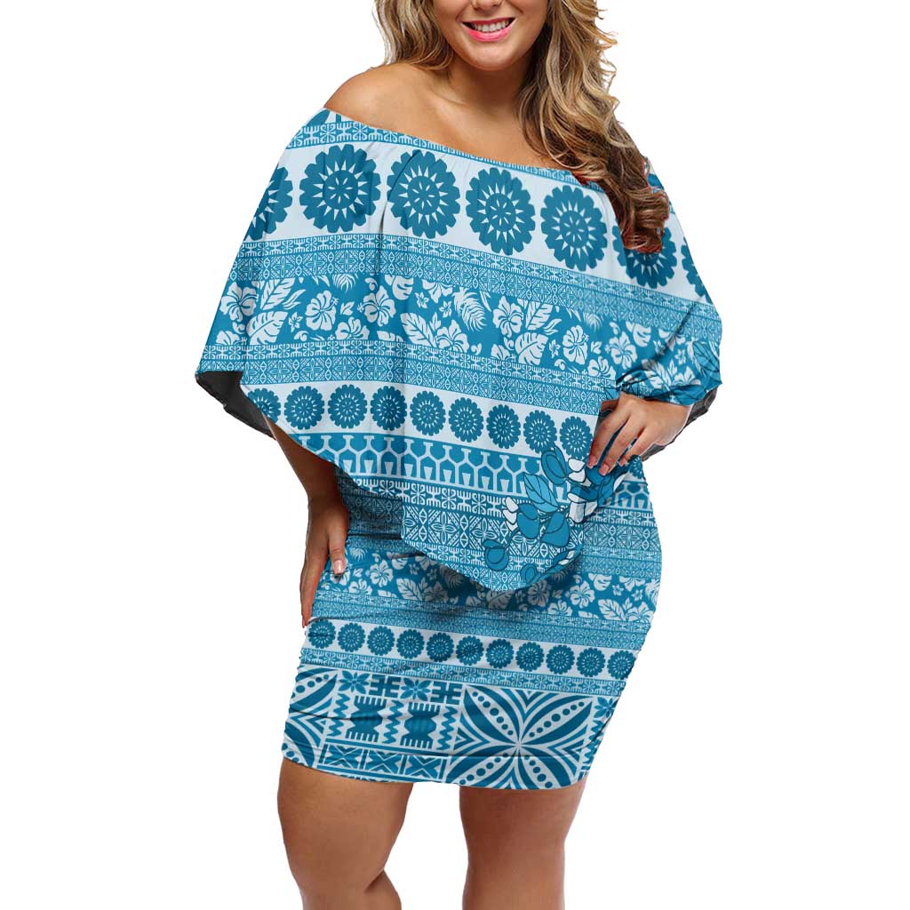 Fiji Marau na Kerisimasi Off Shoulder Short Dress Aqua Tagimoucia Tapa Masi Tribal - Polynesian Pride