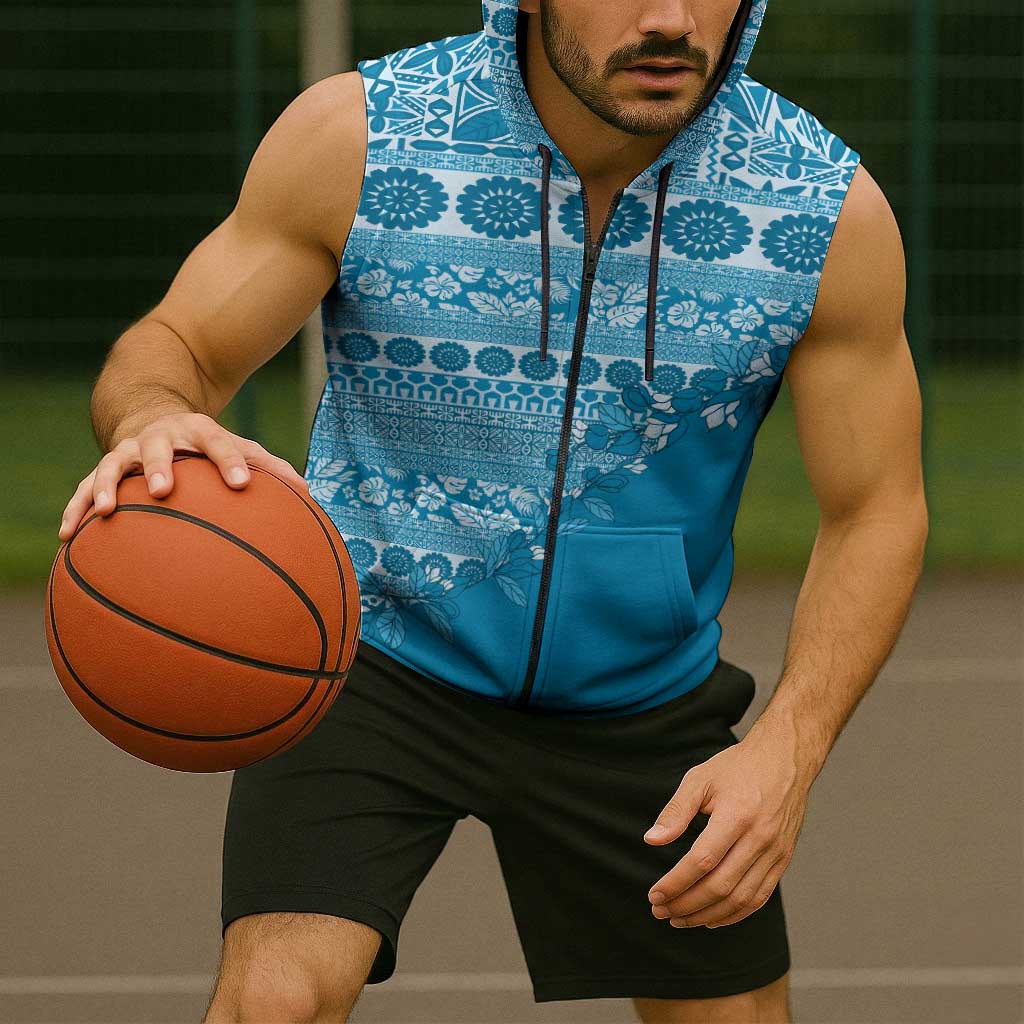 Fiji Marau na Kerisimasi Sleeveless Zip Hoodie Aqua Tagimoucia Tapa Masi Tribal - Polynesian Pride