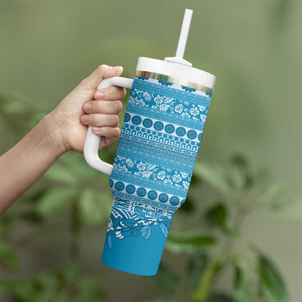 Fiji Marau na Kerisimasi Tumbler With Handle Aqua Tagimoucia Tapa Masi Tribal - Polynesian Pride