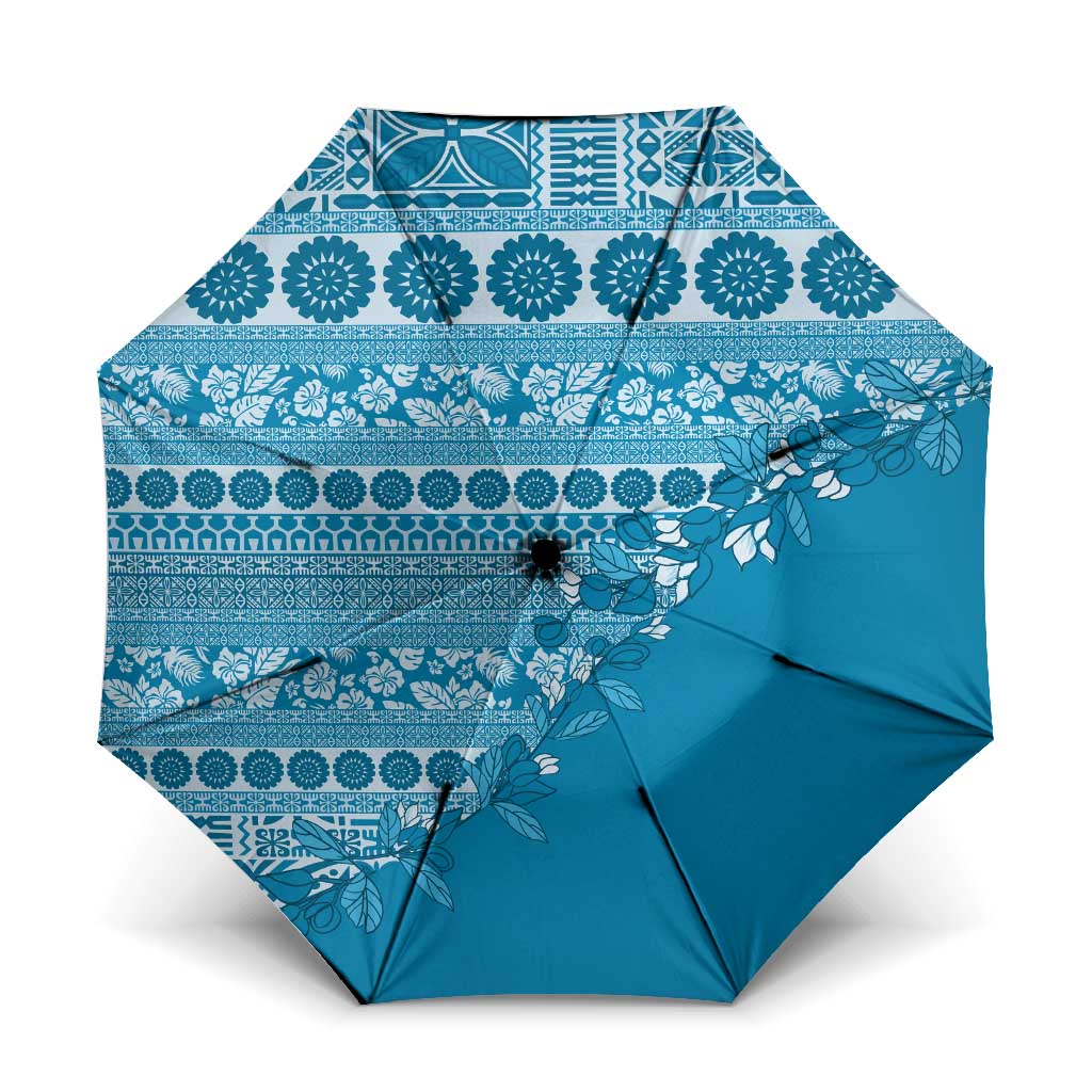 Fiji Marau na Kerisimasi Umbrella Aqua Tagimoucia Tapa Masi Tribal LT9 One Size Folded 11.42 inch Opened Diameter 37.4 inch Aqua - Polynesian Pride