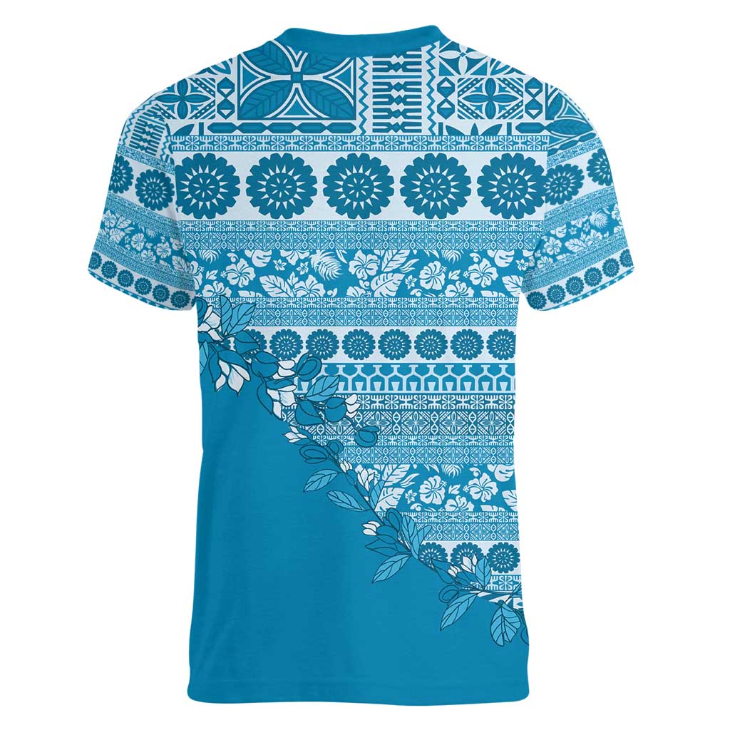 Fiji Marau na Kerisimasi Women V-Neck T-Shirt Aqua Tagimoucia Tapa Masi Tribal - Polynesian Pride