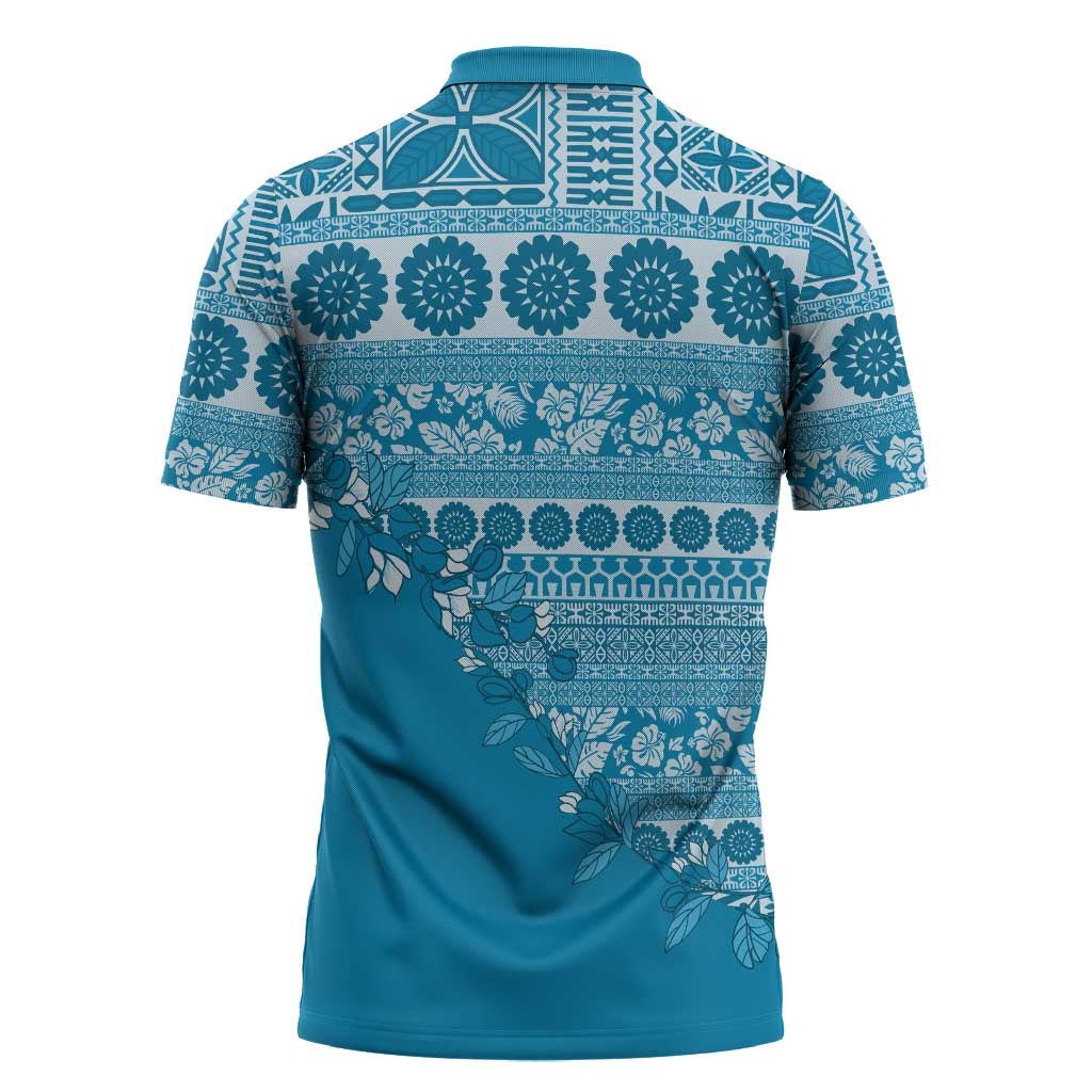 Fiji Marau na Kerisimasi Zipper Polo Shirt Aqua Tagimoucia Tapa Masi Tribal - Polynesian Pride