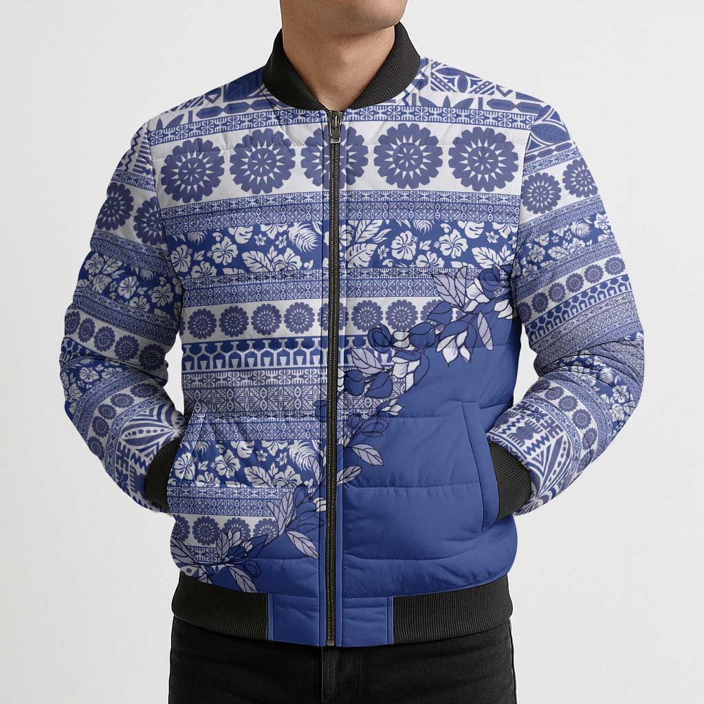 Fiji Marau na Kerisimasi Bomber Puffer Jacket Blue Tagimoucia Tapa Masi Tribal - Polynesian Pride