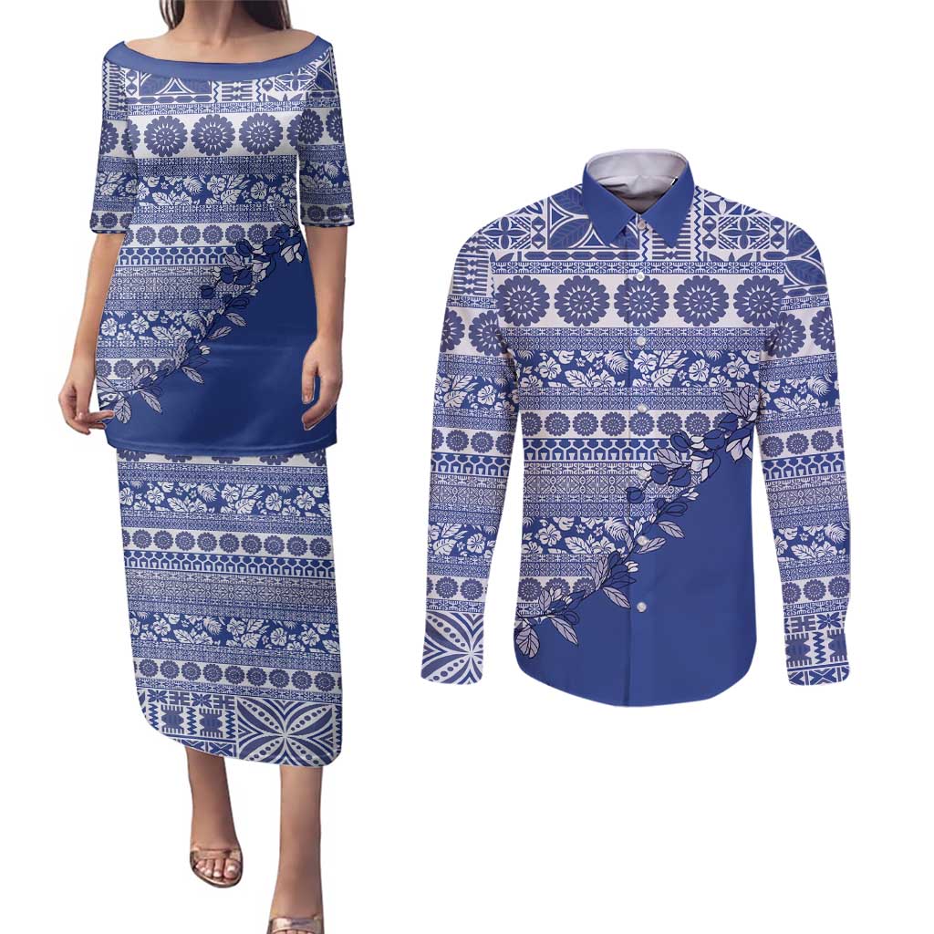 Fiji Marau na Kerisimasi Couples Matching Puletasi and Long Sleeve Button Shirt Blue Tagimoucia Tapa Masi Tribal - Polynesian Pride