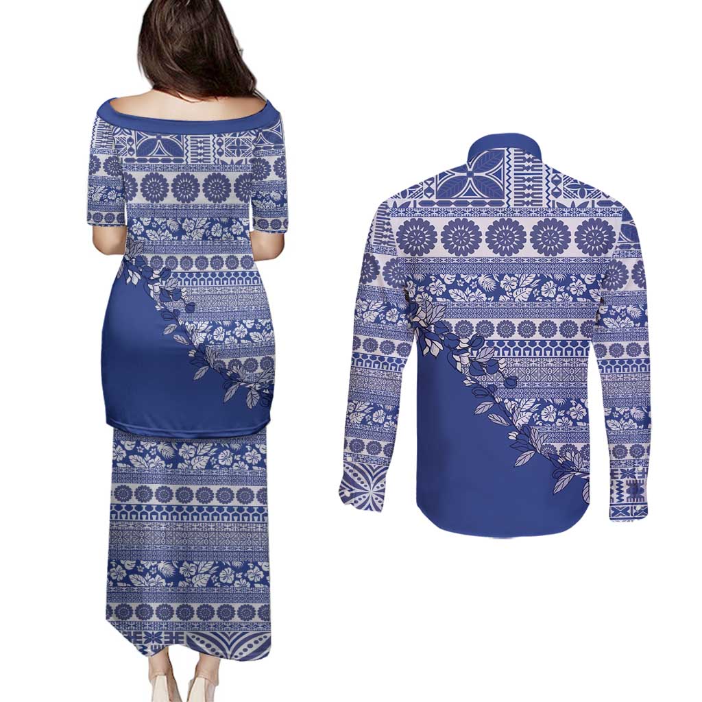 Fiji Marau na Kerisimasi Couples Matching Puletasi and Long Sleeve Button Shirt Blue Tagimoucia Tapa Masi Tribal - Polynesian Pride