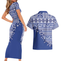Fiji Marau na Kerisimasi Couples Matching Short Sleeve Bodycon Dress and Hawaiian Shirt Blue Tagimoucia Tapa Masi Tribal - Polynesian Pride