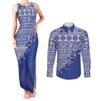 Fiji Marau na Kerisimasi Couples Matching Tank Maxi Dress and Long Sleeve Button Shirt Blue Tagimoucia Tapa Masi Tribal - Polynesian Pride