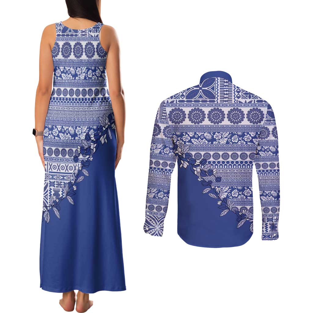 Fiji Marau na Kerisimasi Couples Matching Tank Maxi Dress and Long Sleeve Button Shirt Blue Tagimoucia Tapa Masi Tribal - Polynesian Pride