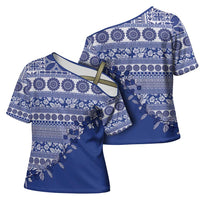 Fiji Marau na Kerisimasi Cross Shoulder Shirt Blue Tagimoucia Tapa Masi Tribal - Polynesian Pride