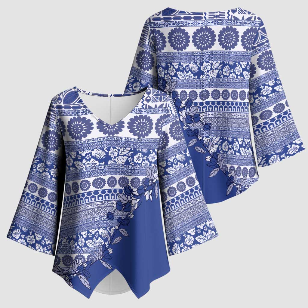 Fiji Marau na Kerisimasi Kimono Sleeve Blouse Blue Tagimoucia Tapa Masi Tribal - Polynesian Pride