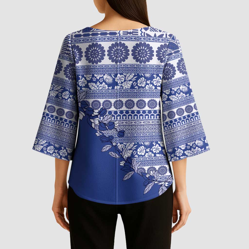 Fiji Marau na Kerisimasi Kimono Sleeve Blouse Blue Tagimoucia Tapa Masi Tribal - Polynesian Pride