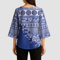 Fiji Marau na Kerisimasi Kimono Sleeve Blouse Blue Tagimoucia Tapa Masi Tribal - Polynesian Pride