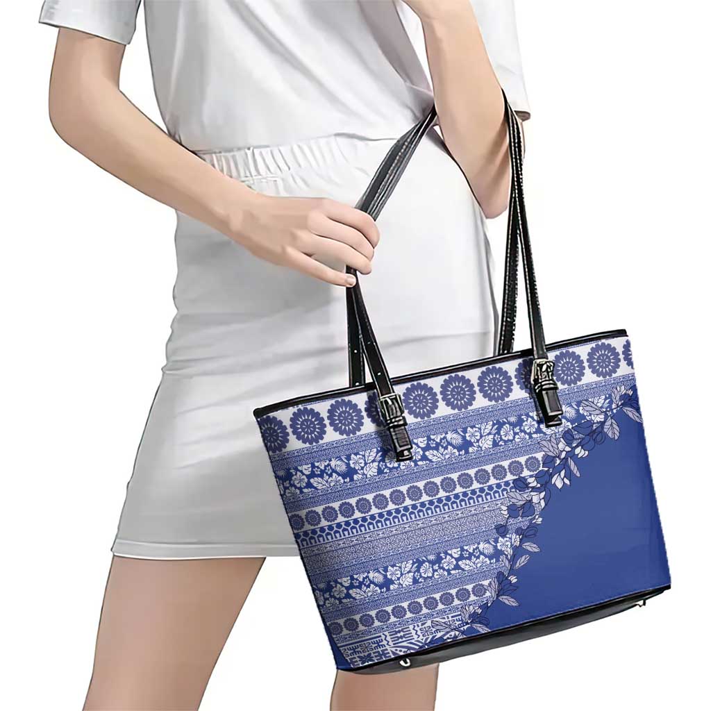 Fiji Marau na Kerisimasi Leather Tote Bag Blue Tagimoucia Tapa Masi Tribal - Polynesian Pride