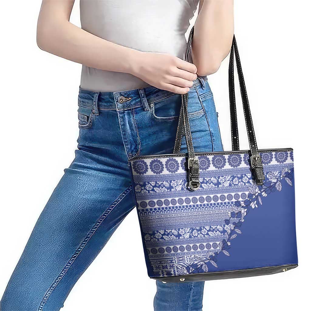 Fiji Marau na Kerisimasi Leather Tote Bag Blue Tagimoucia Tapa Masi Tribal - Polynesian Pride