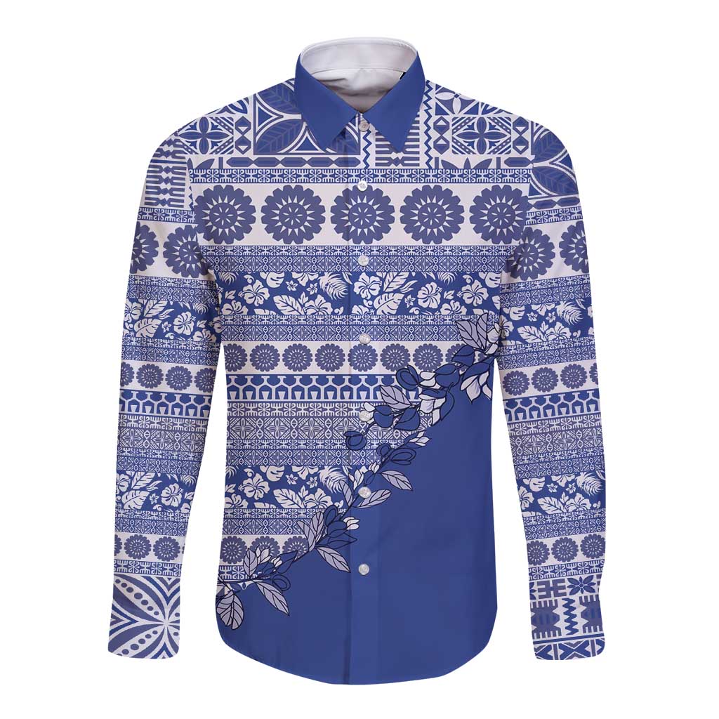 Fiji Marau na Kerisimasi Long Sleeve Button Shirt Blue Tagimoucia Tapa Masi Tribal - Polynesian Pride
