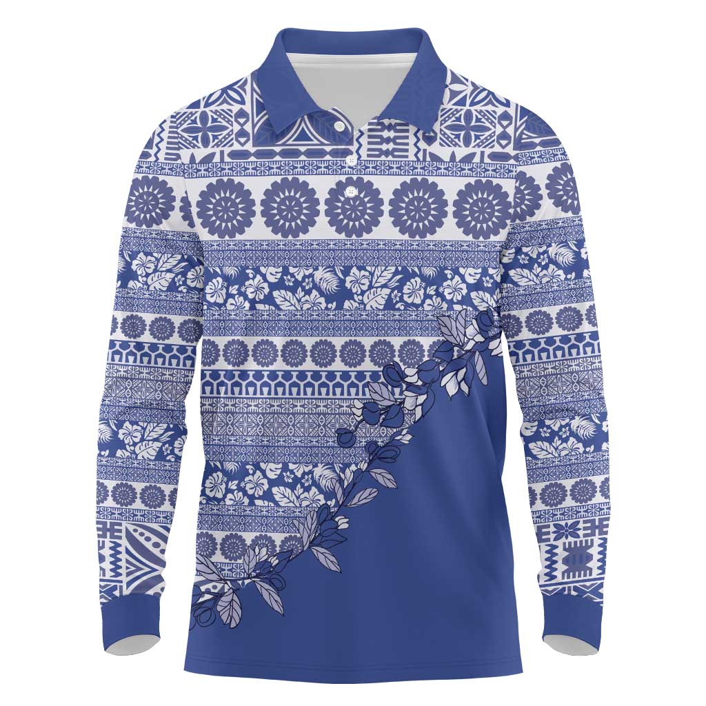 Fiji Marau na Kerisimasi Long Sleeve Polo Shirt Blue Tagimoucia Tapa Masi Tribal - Polynesian Pride