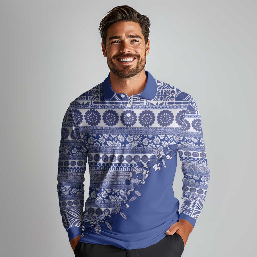 Fiji Marau na Kerisimasi Long Sleeve Polo Shirt Blue Tagimoucia Tapa Masi Tribal - Polynesian Pride