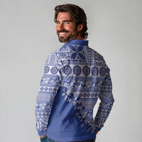 Fiji Marau na Kerisimasi Long Sleeve Polo Shirt Blue Tagimoucia Tapa Masi Tribal - Polynesian Pride