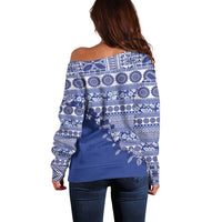 Fiji Marau na Kerisimasi Off Shoulder Sweater Blue Tagimoucia Tapa Masi Tribal LT9 - Polynesian Pride