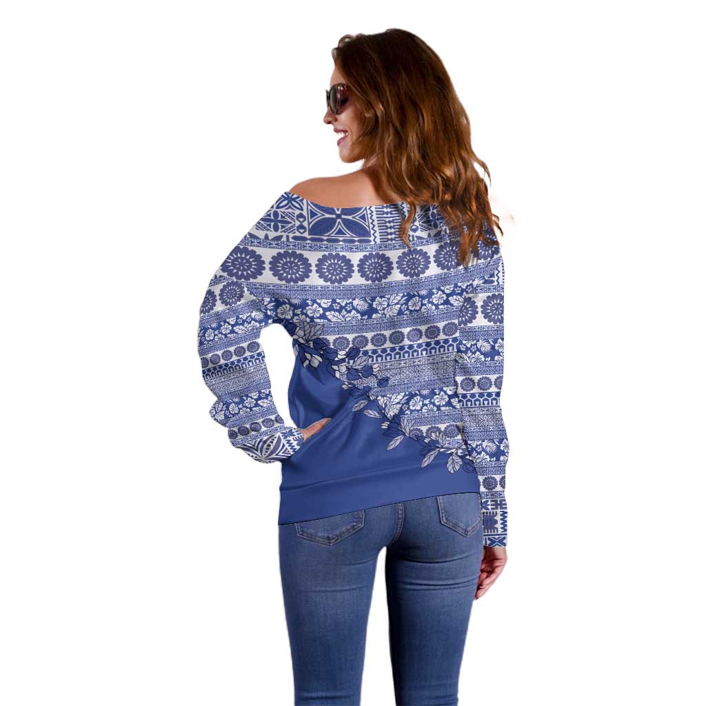 Fiji Marau na Kerisimasi Off Shoulder Sweater Blue Tagimoucia Tapa Masi Tribal LT9 - Polynesian Pride